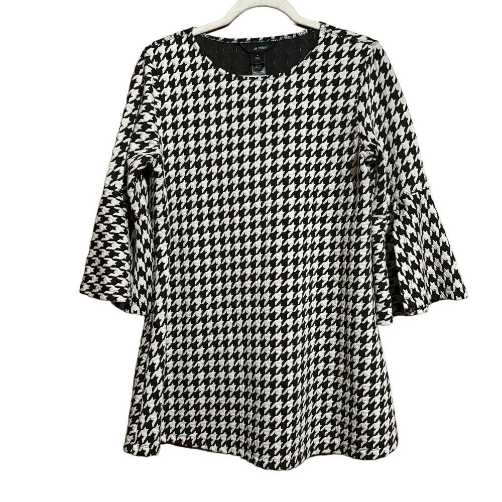 Ali Miles Top Womens Medium Multicolor Houndstooth Textured Bell Sleeves Blouse